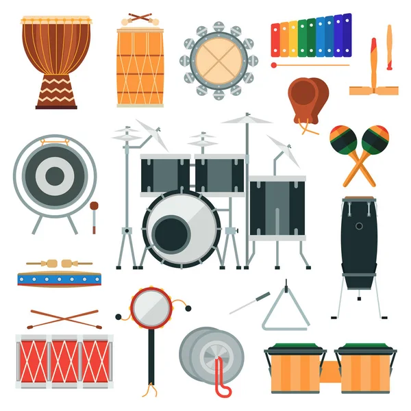 Vector percussion musical instruments in flat style. — Stock Vector