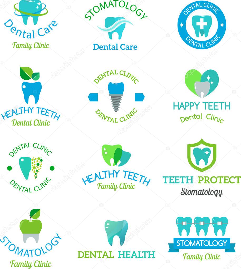 Vector logo dental protection template illustration. Abstract stomatology mouth blue graphic oral element. Whitening implant concept toothache silhouette.