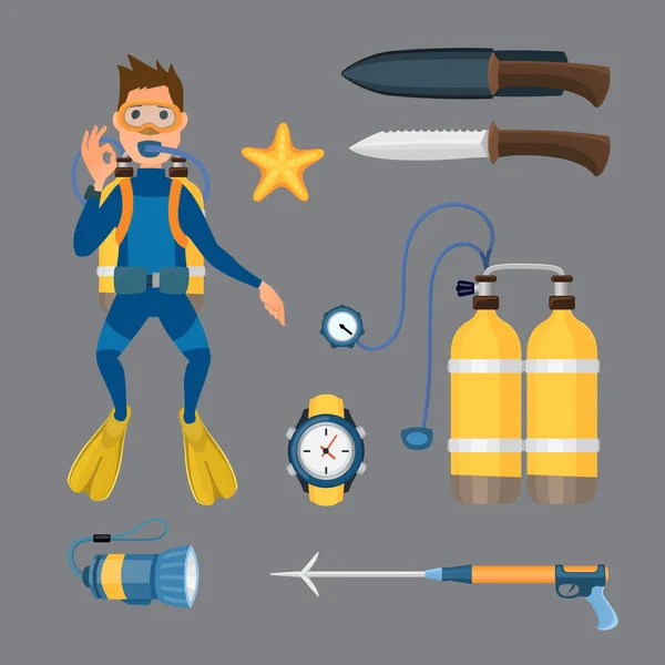 Spearfishing diving equipment vector set. — Stock Vector