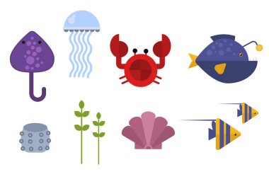 Deniz hayvanları deniz yaşamı karakter vektör çizim.