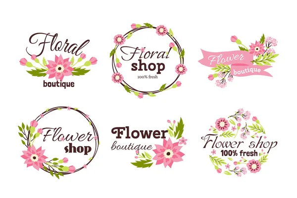 Illustration vectorielle de modèle de cadre décoratif de badge de magasin floral . — Image vectorielle
