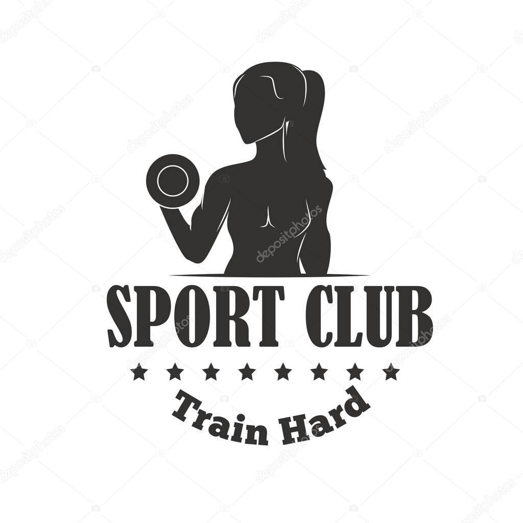 Monochrome fitness emblem, label, badge, logo and design element. Gym sport club strong equipment silhouette. Healthy bodybuilder athletic exercise training vector.