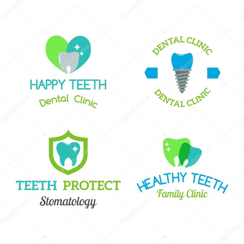 Vector logo dental protection template illustration. Abstract stomatology mouth blue graphic oral element. Whitening implant concept toothache silhouette.