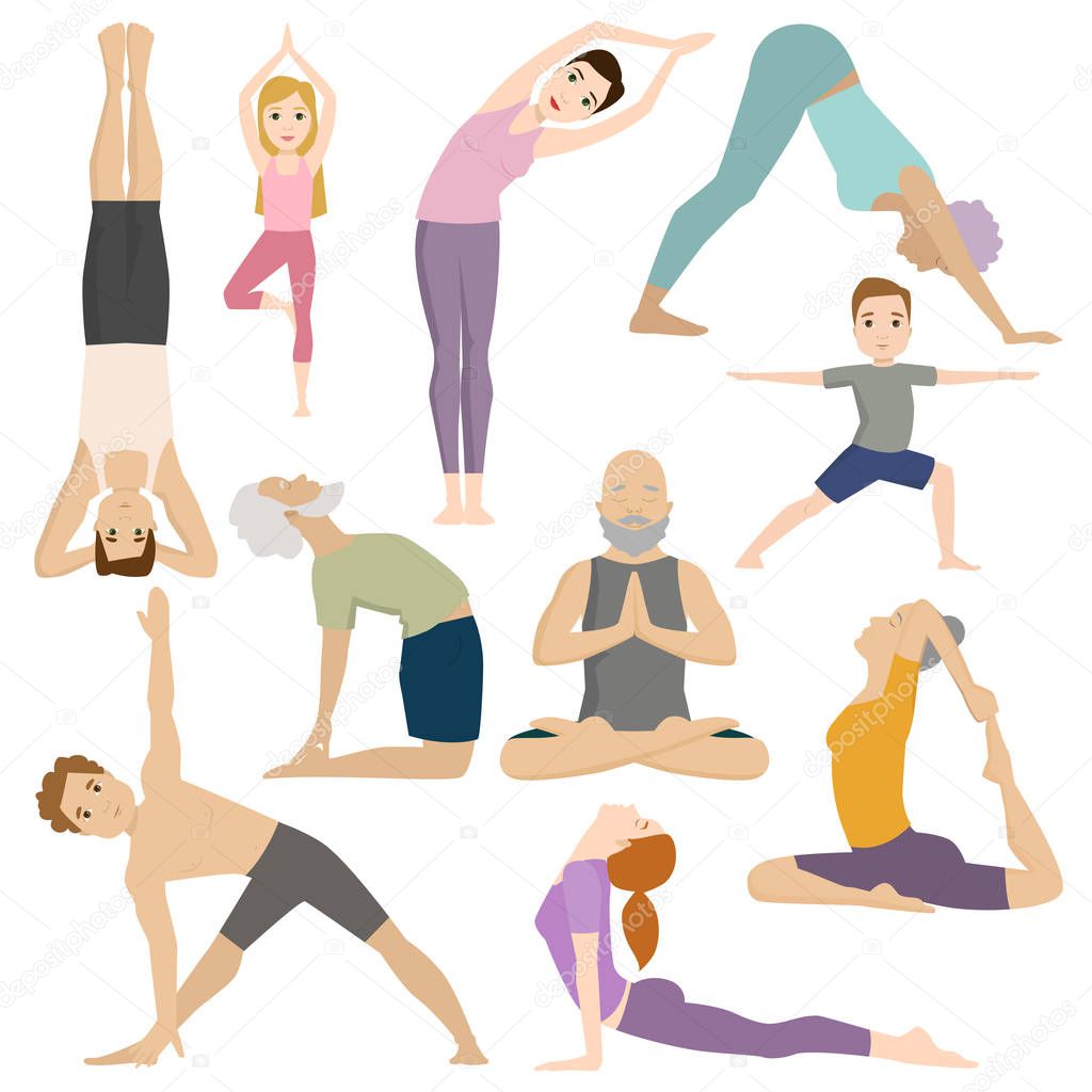 People work out in fitness club yoga classes vector character.