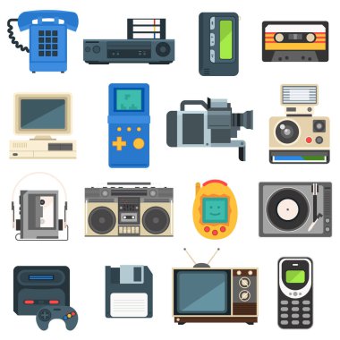 Vintage teknolojileri kamera telefon retro ses simge vektör seti.