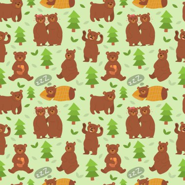 Çizgi film ayı karakter farklı poz vektör seamless modeli