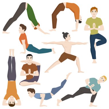 Yoga pozisyonları mans karakter sınıfı vektör çizim.