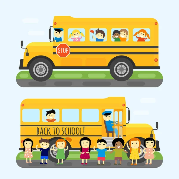 Schoolbus kinderen vervoer vectorillustratie. — Stockvector