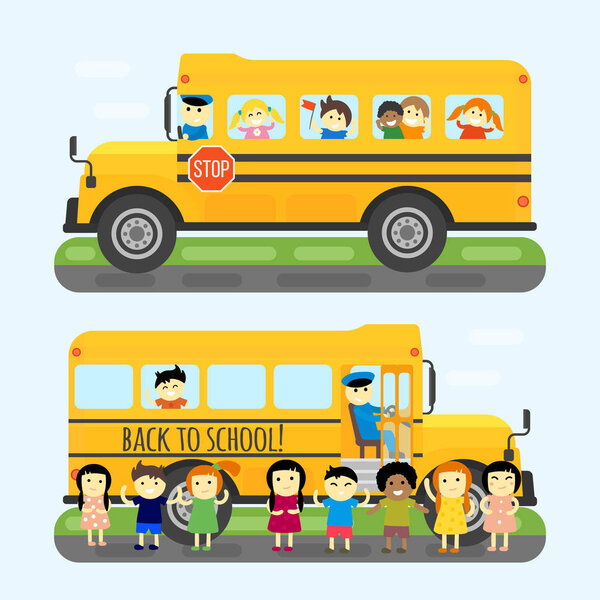 School bus kids transport vector illustration.