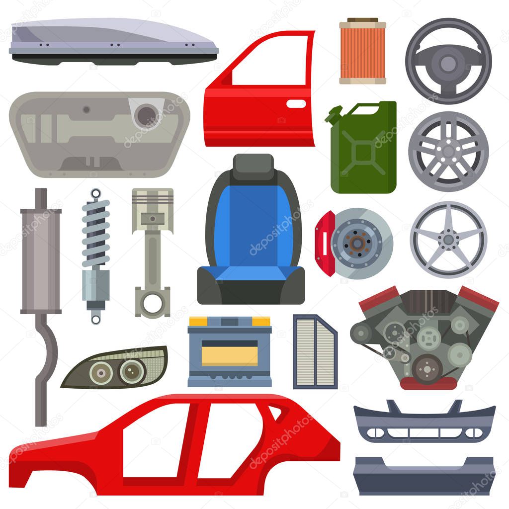 Car service parts mechanic repair flat vector illustration