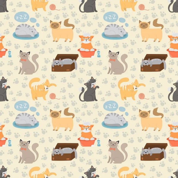 Lindo gatos carácter diferente pose vector inconsútil patrón — Vector de stock