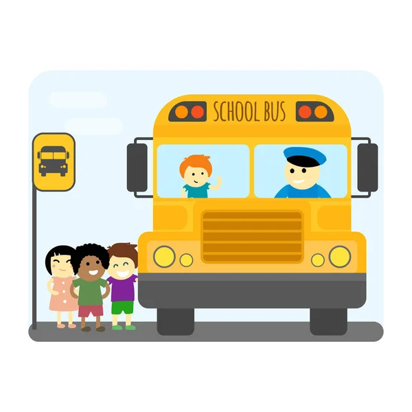 Schoolbus kinderen vervoer vectorillustratie. — Stockvector