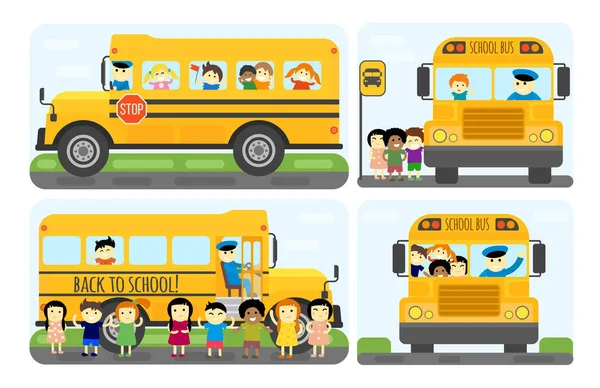 Autobús escolar niños transporte vector ilustración . — Archivo Imágenes Vectoriales