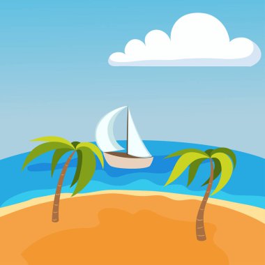 Deniz manzara ile Seyşeller palm beach yaz teknede su güzel arka plan ve Turizm tropikal güzellik sahne sahil tatil ufuk vektör çizim.