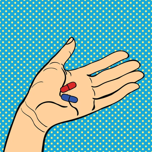 Popart hand met pillen vector illustratie. — Stockvector