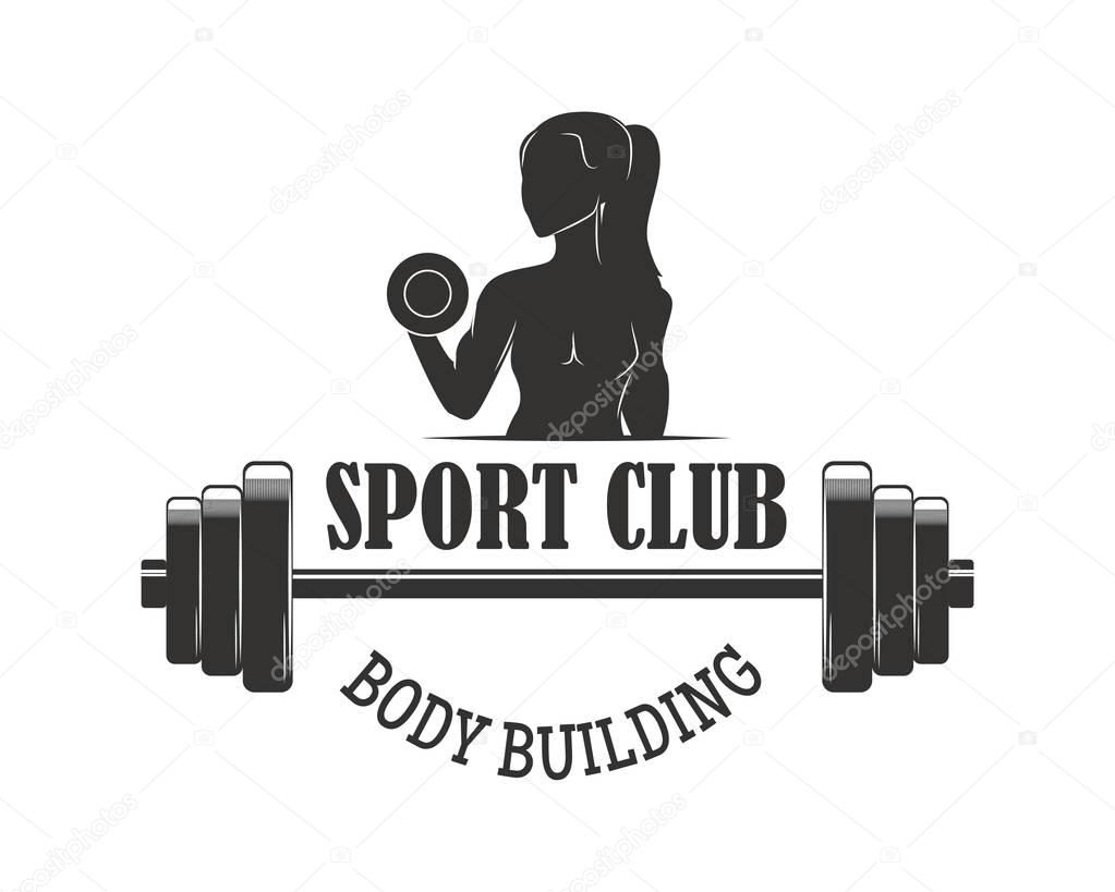 Monochrome fitness emblem, label, badge, logo and design element. Gym sport club strong equipment silhouette. Healthy bodybuilder athletic exercise training vector.
