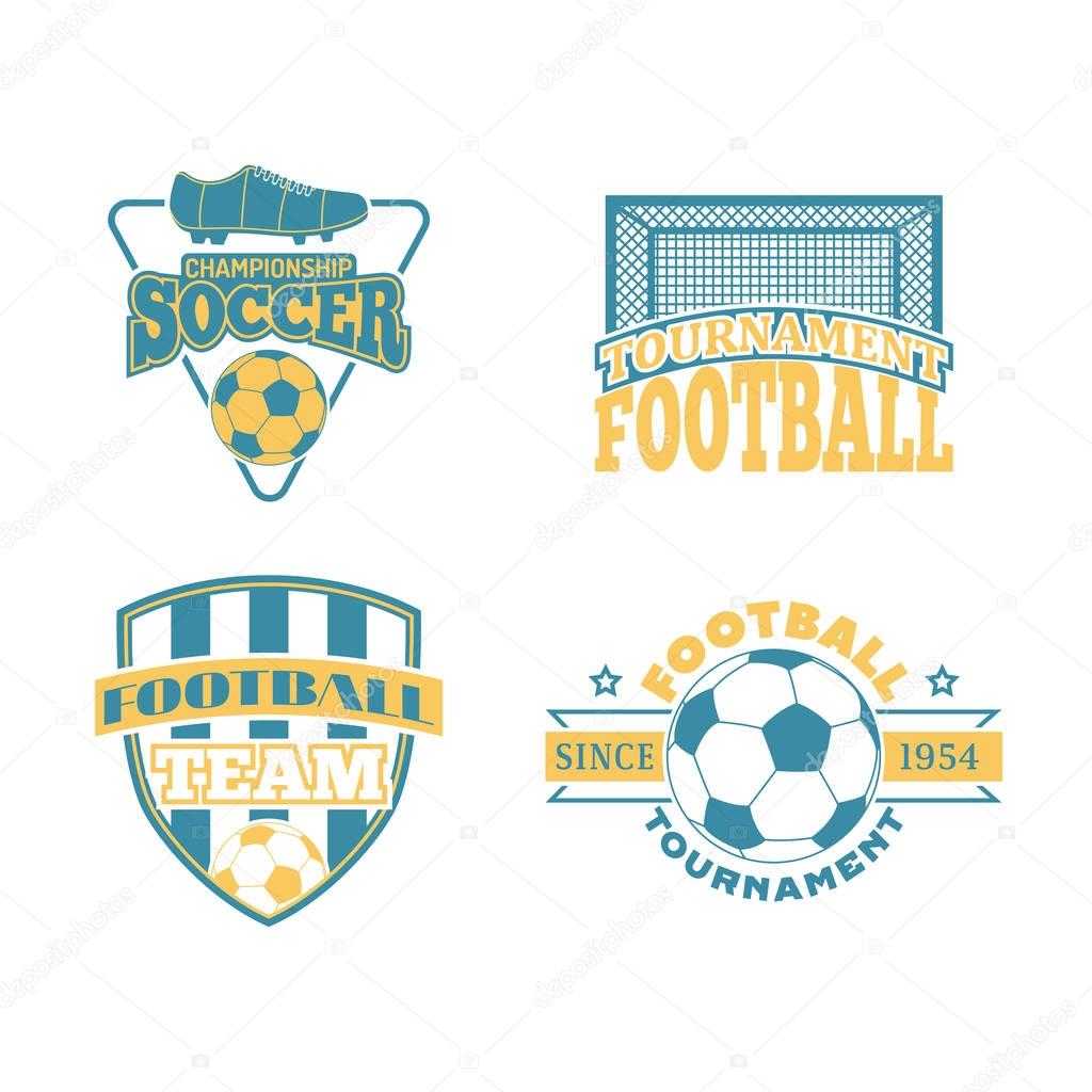 Set of european football, soccer labels, emblems and design championship elements. Vector logo tournament icon symbol. Team badge sport competition.