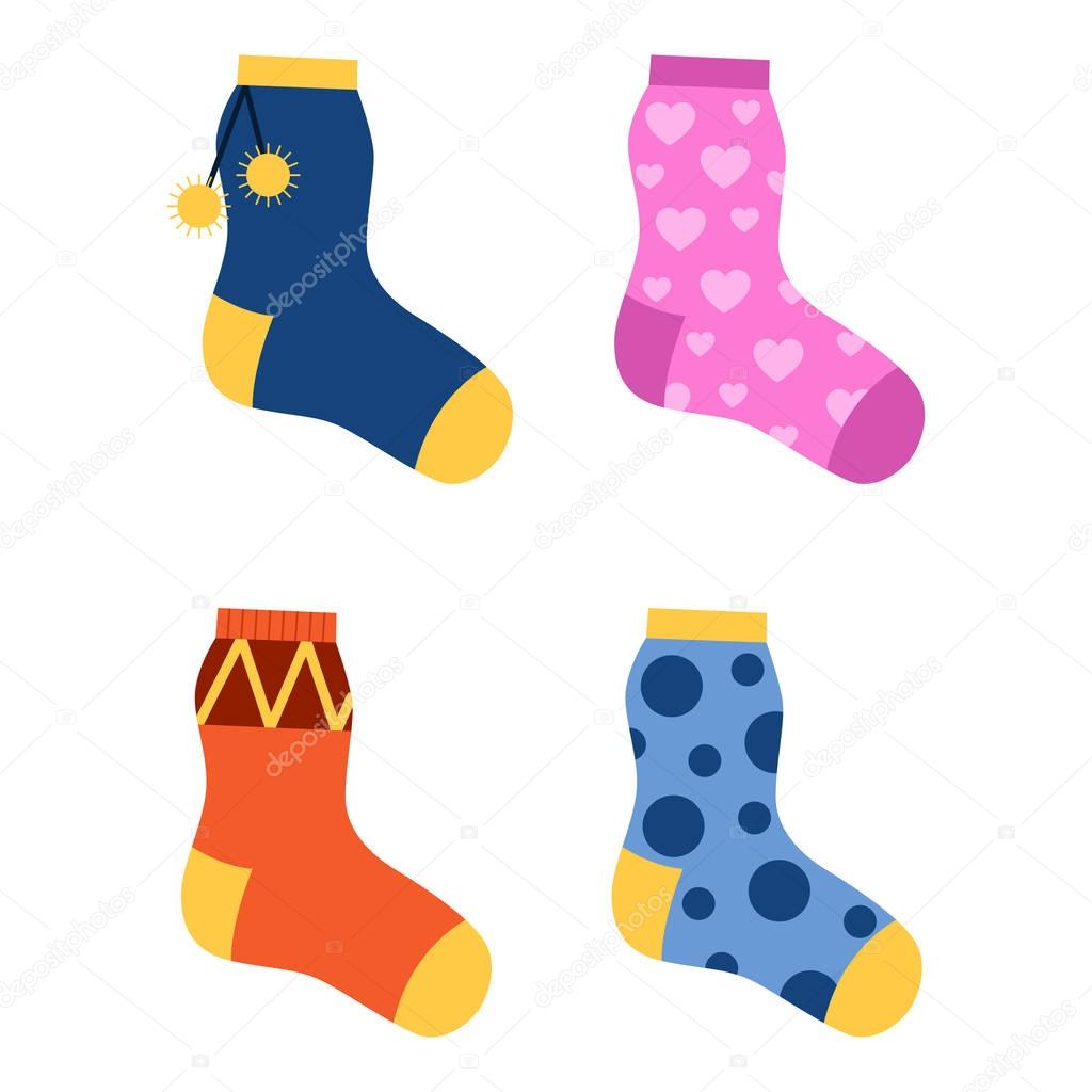 Flat design colorful socks set vector illustration.