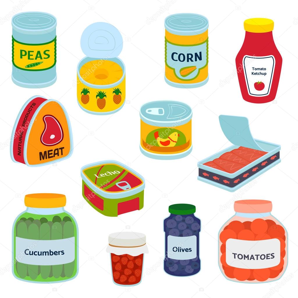 Collection of various tins canned goods food metal container grocery store and product, storage, aluminum flat label conserve vector illustration.