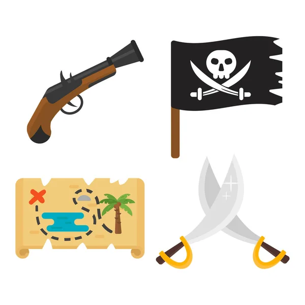Tesouros pirata aventuras brinquedo acessórios ícones vetor conjunto . —  Vetores de Stock