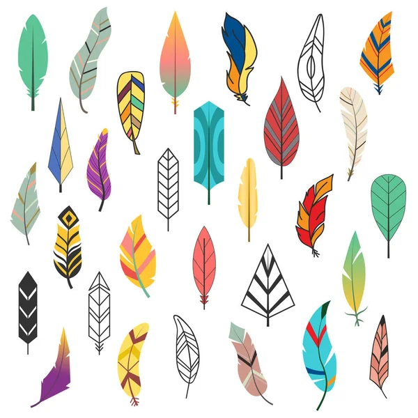 部落平羽毛不同风格鸟复古多彩民族设置和孤立的手绘制的元素装饰绘图自然羽毛画矢量图. — 图库矢量图片