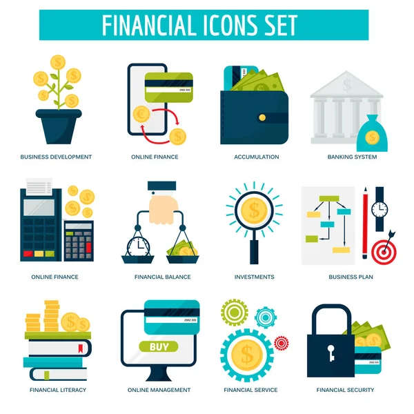 Banking money financial services set credit sign development online accumulation and bank investment management service vector illustration. — Stock Vector
