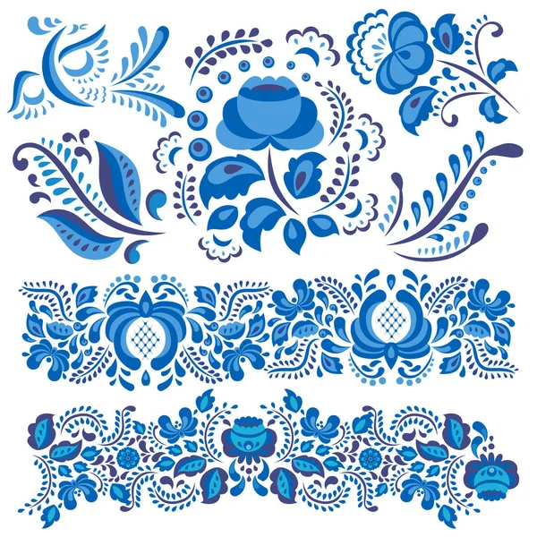 矢量图和 gzhel 上白色和华丽的花朵和叶子在蓝色和白色孤立的传统俄罗斯风格的花卉图案. — 图库矢量图片