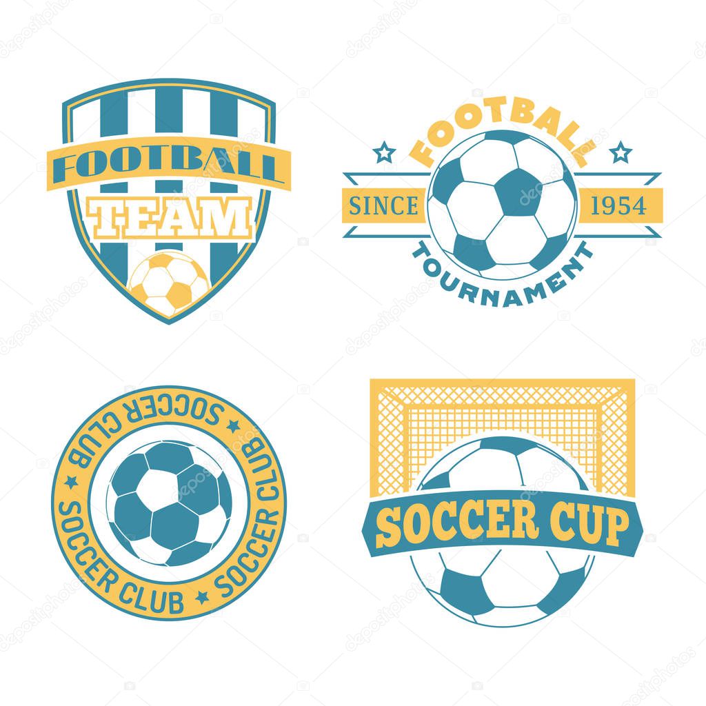 Set of european football, soccer labels, emblems and design championship elements. Vector logo tournament icon symbol. Team badge sport competition.
