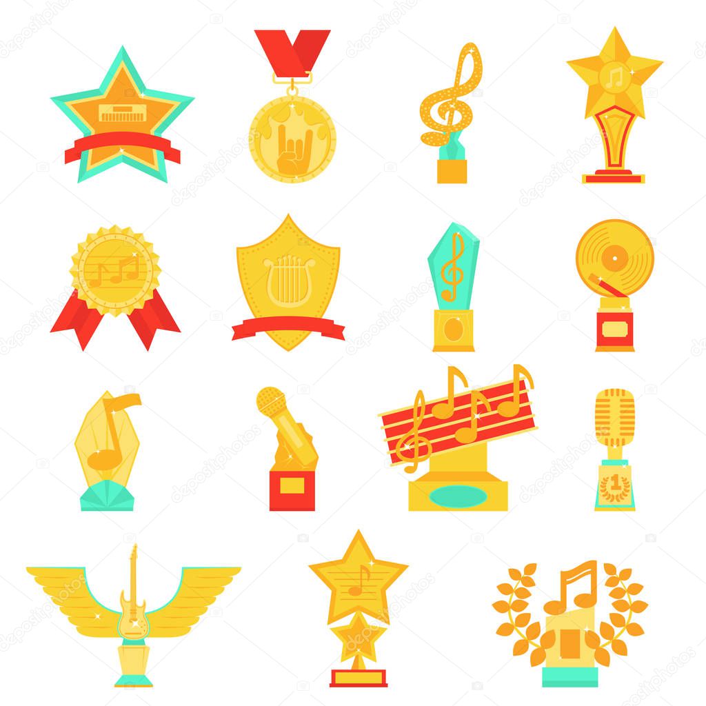 Trophy awards icons set flat vector illustration.