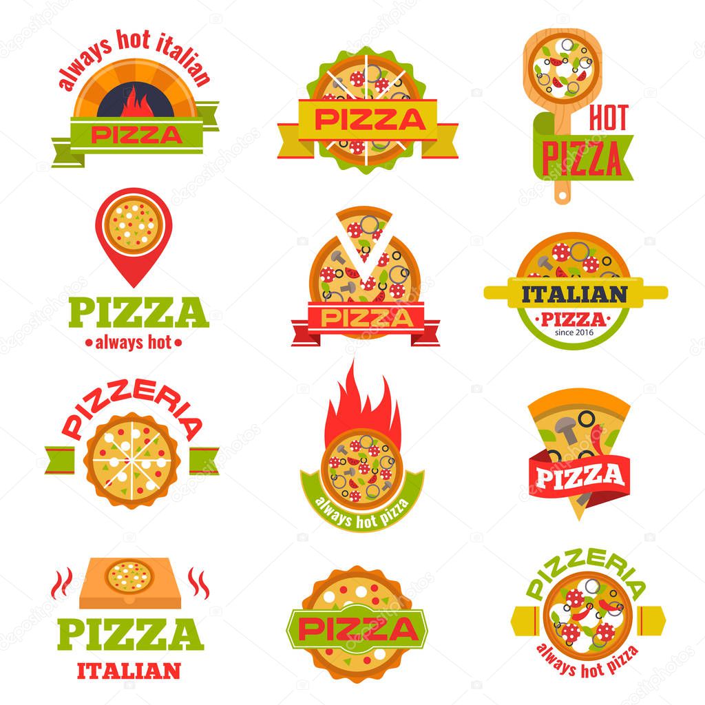Delivery pizza logo badge vector set illustration. Food and drink elements typographic design label or sticker bakery. Cooking cafe menu symbol with traditional lunch delicious.