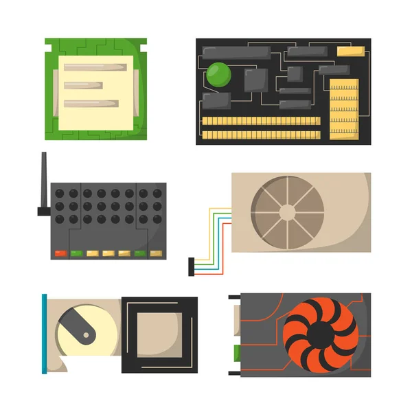 Accesorios de componentes de red de piezas de computadora varios dispositivos electrónicos y PC de escritorio unidad de procesador de hardware tarjeta de memoria vector ilustración . — Archivo Imágenes Vectoriales