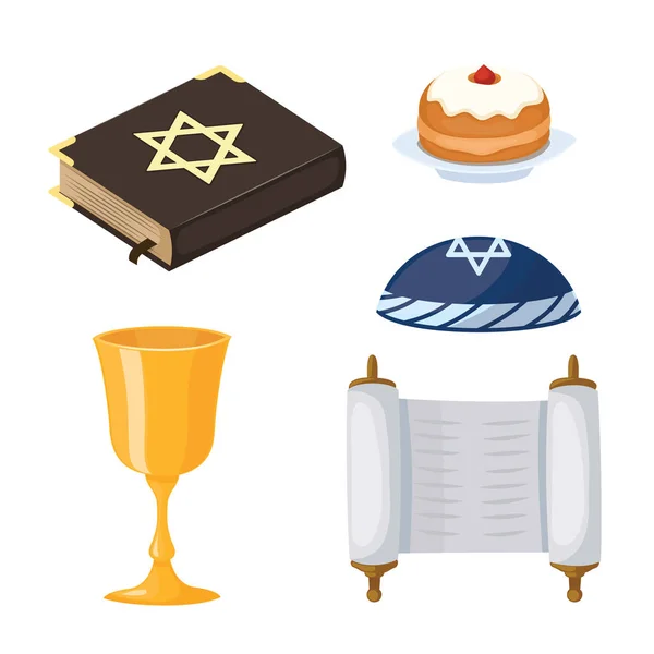 Jodendom kerk traditionele symbolen pictogrammen instellen geïsoleerde hanukkah religieuze ontwerp en synagoge Pascha torah menora vakantie Jood vectorillustratie. — Stockvector