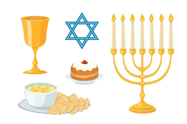 Judaísmo iglesia símbolos tradicionales iconos conjunto aislado hanukkah diseño religioso y sinagoga pascua torá menorah vacaciones judío vector ilustración . — Vector de stock