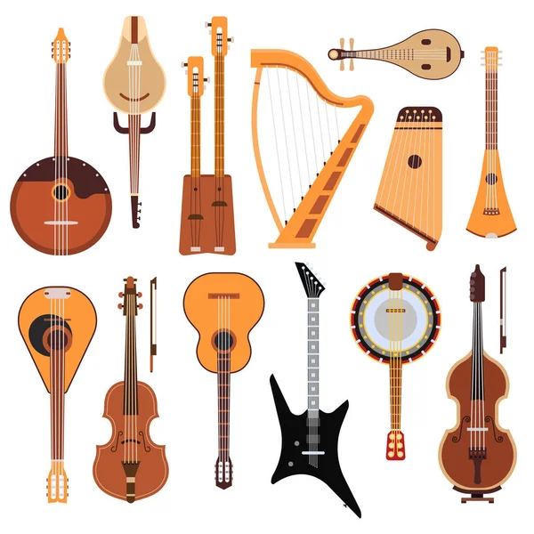 Σύνολο Έγχορδα μουσικά όργανα ορχήστρας Κλασσικής τέχνης ήχου εργαλείο και ακουστική Συμφωνική έγχορδα βιολί ξύλινο εξοπλισμό διανυσματικά εικονογράφηση — Διανυσματικό Αρχείο