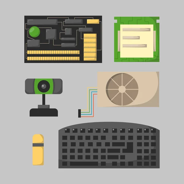 Accesorios de componentes de red de piezas de computadora varios dispositivos electrónicos y PC de escritorio unidad de procesador de hardware tarjeta de memoria vector ilustración . — Vector de stock