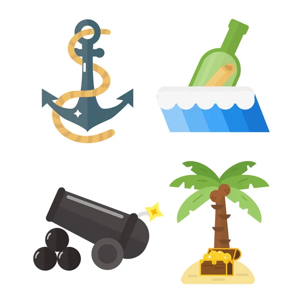 Poklady pirátské dobrodružství hračka příslušenství ikony vektorový sada. — Stockový vektor