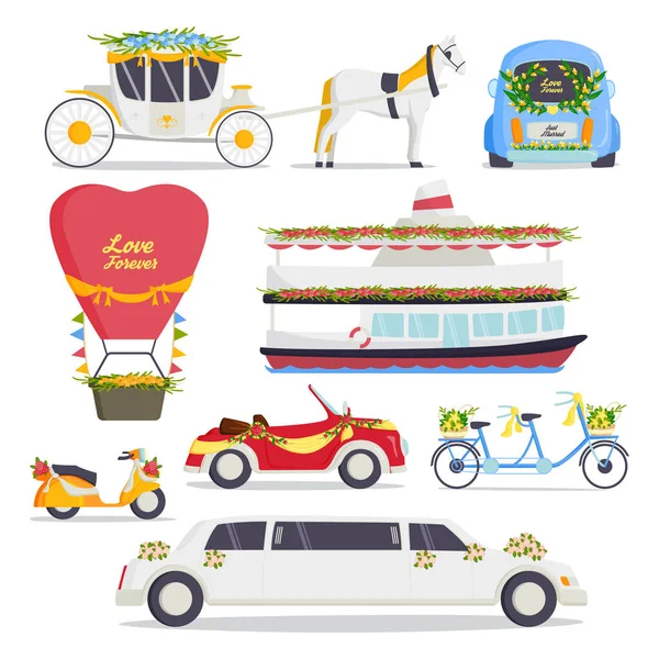 Wedding fashion transportation traditional auto expensive retro ceremony bride transport and romantic groom marriage beauty love automobile vector illustration. — Stock Vector