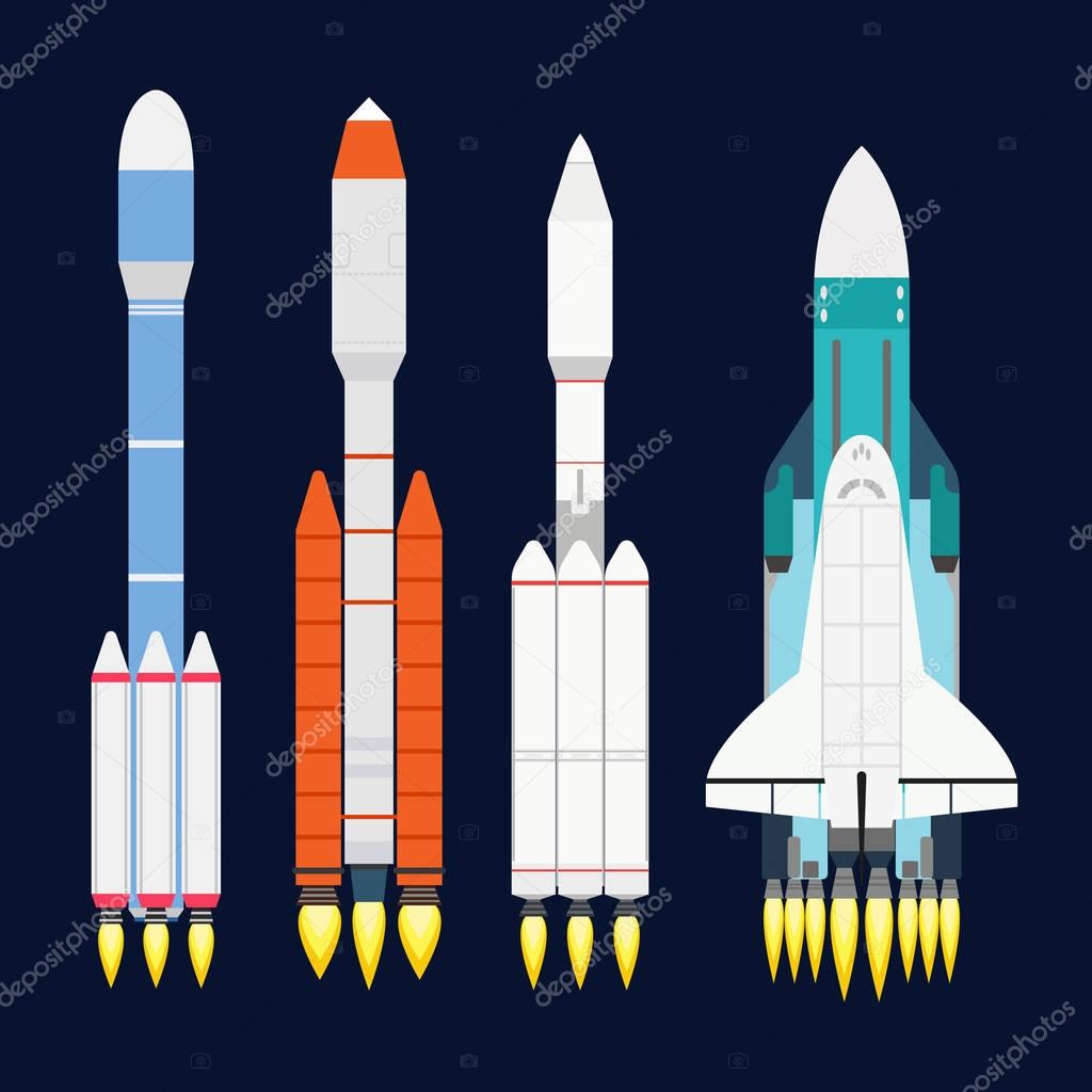 Vector technology ship rocket cartoon design for startup innovation product and cosmos fantasy space launch graphic exploration.