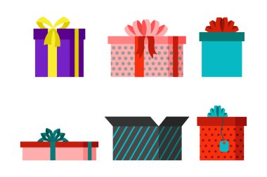 Hediye kutusu yıldönümü Olay saten tebrik nesne şerit ve yay ile Sevgililer kağıt paket Festival parti sarma vektör çizim alışveriş izole.