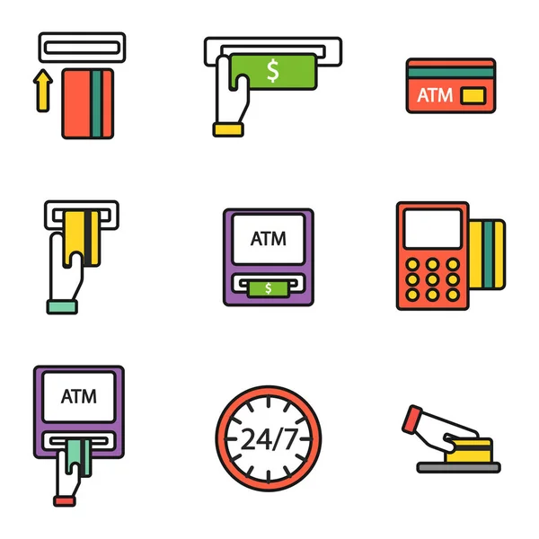 ATM pos-terminal met hand creditcard pictogrammen betaling transfer mobiele service en automatische terminal geld cash valutateken banking dollar machine vectorillustratie. — Stockvector