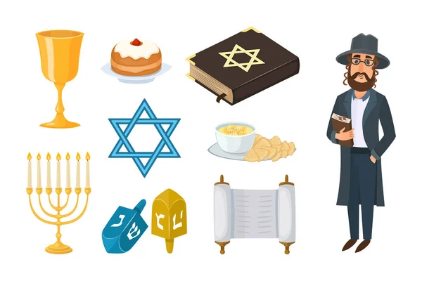 Jodendom kerk traditionele symbolen geïsoleerd hanukkah religieuze ontwerp en synagoge Pascha Nunvlinder torah menora vakantie Jood vectorillustratie. — Stockvector