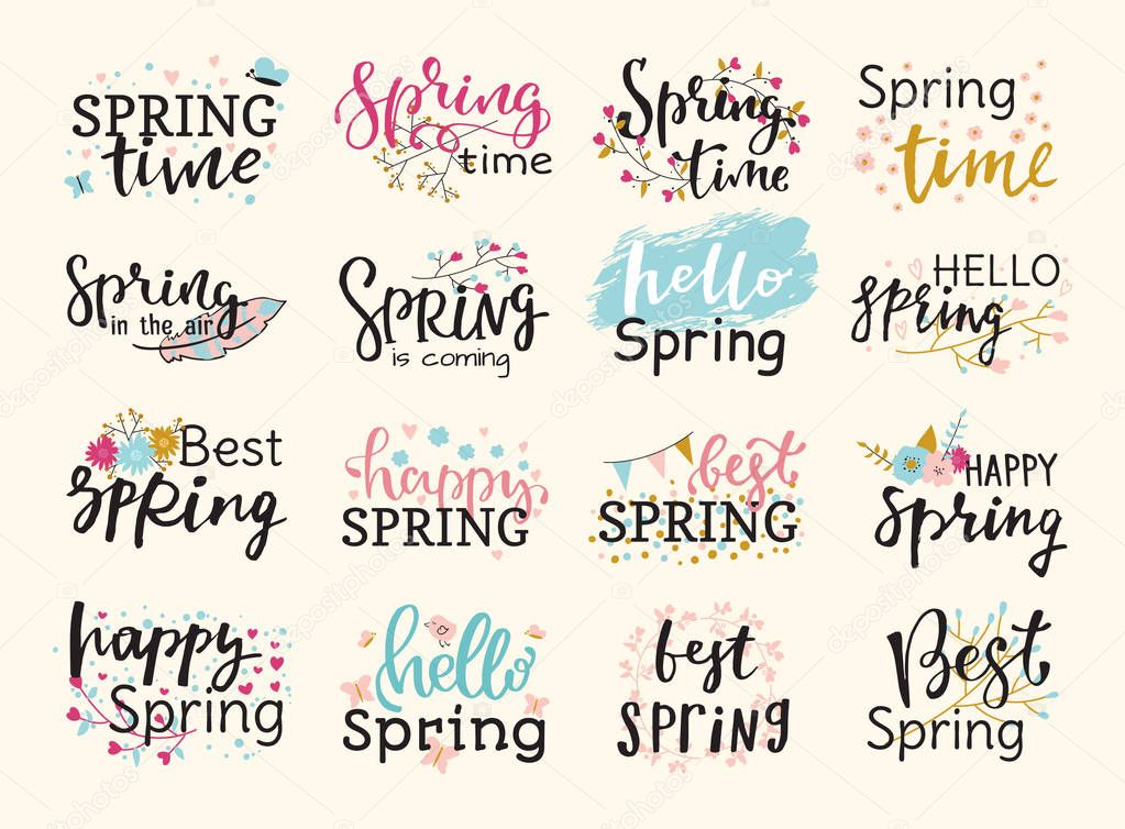 Spring time lettering text greeting card special spring typography hand drawn graphic vector illustration badge logo