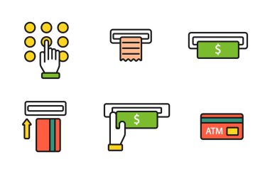 ATM pos terminal el kredi kartı simgeleri ödeme transferi mobil servis ve otomatik terminal para para para işareti Doları makine vektör çizim bankacılık ile.
