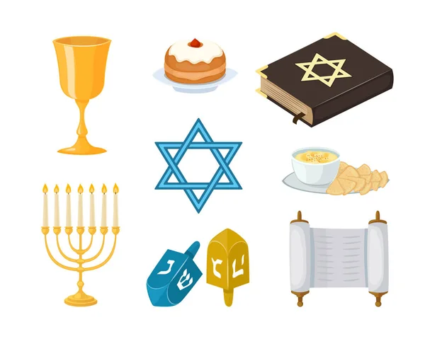 Judaísmo iglesia símbolos tradicionales iconos conjunto aislado hanukkah diseño religioso y sinagoga pascua torá menorah vacaciones judío vector ilustración . — Archivo Imágenes Vectoriales