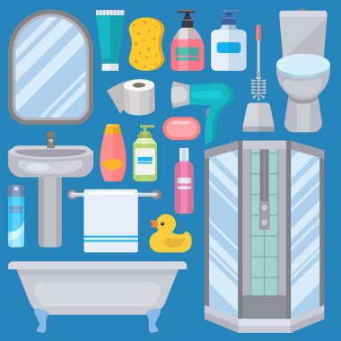 Modern duş düz stil renkli klip sanat gösterim amacıyla banyo iç hijyen vektör tasarımı yapılan banyo donanım simgeleri.