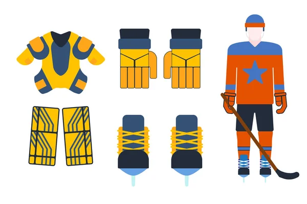 Vector uniforme de hockey y accesorio en estilo plano . — Vector de stock