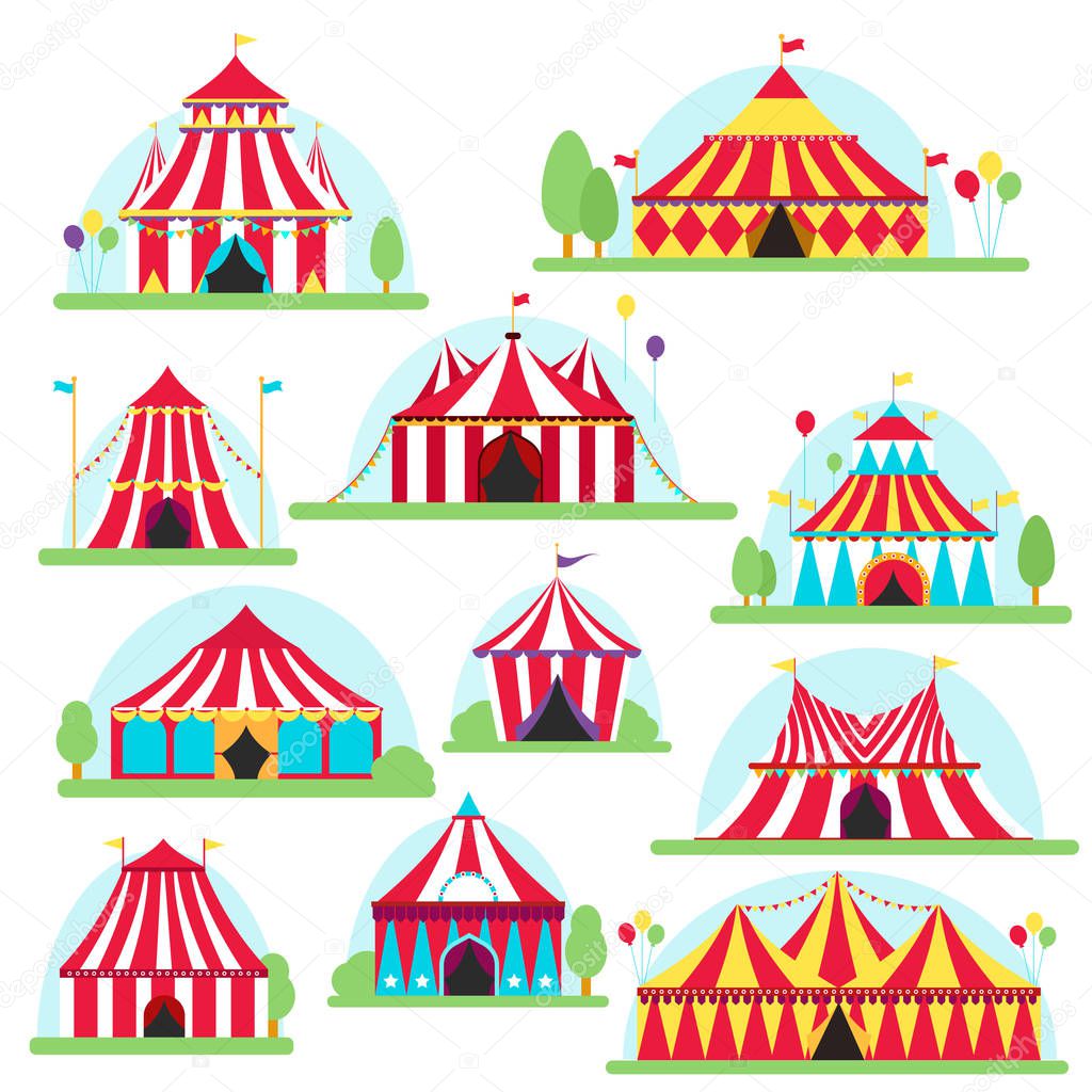 Circus tent marquee with stripes and flags isolated. Ideal for carnival signs