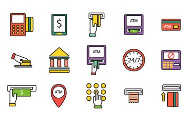 ATM pos terminal el kredi kartı simgeleri ödeme transferi mobil servis ve otomatik terminal para para para işareti Doları makine vektör çizim bankacılık ile.