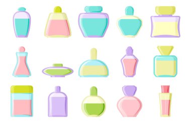 Parfüm glamour moda güzel kozmetik şişe ve Fransa parlak kadın ambalaj tüp ürün kadın koku vektör çizim.