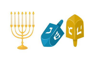 Altın Yahudi Yedi Kollu Şamdan mumlar İbranice din gelenek dekorasyon alev ve Pyres hanukkah Ortodoks Yahudilik tatil vektör çizim ile.